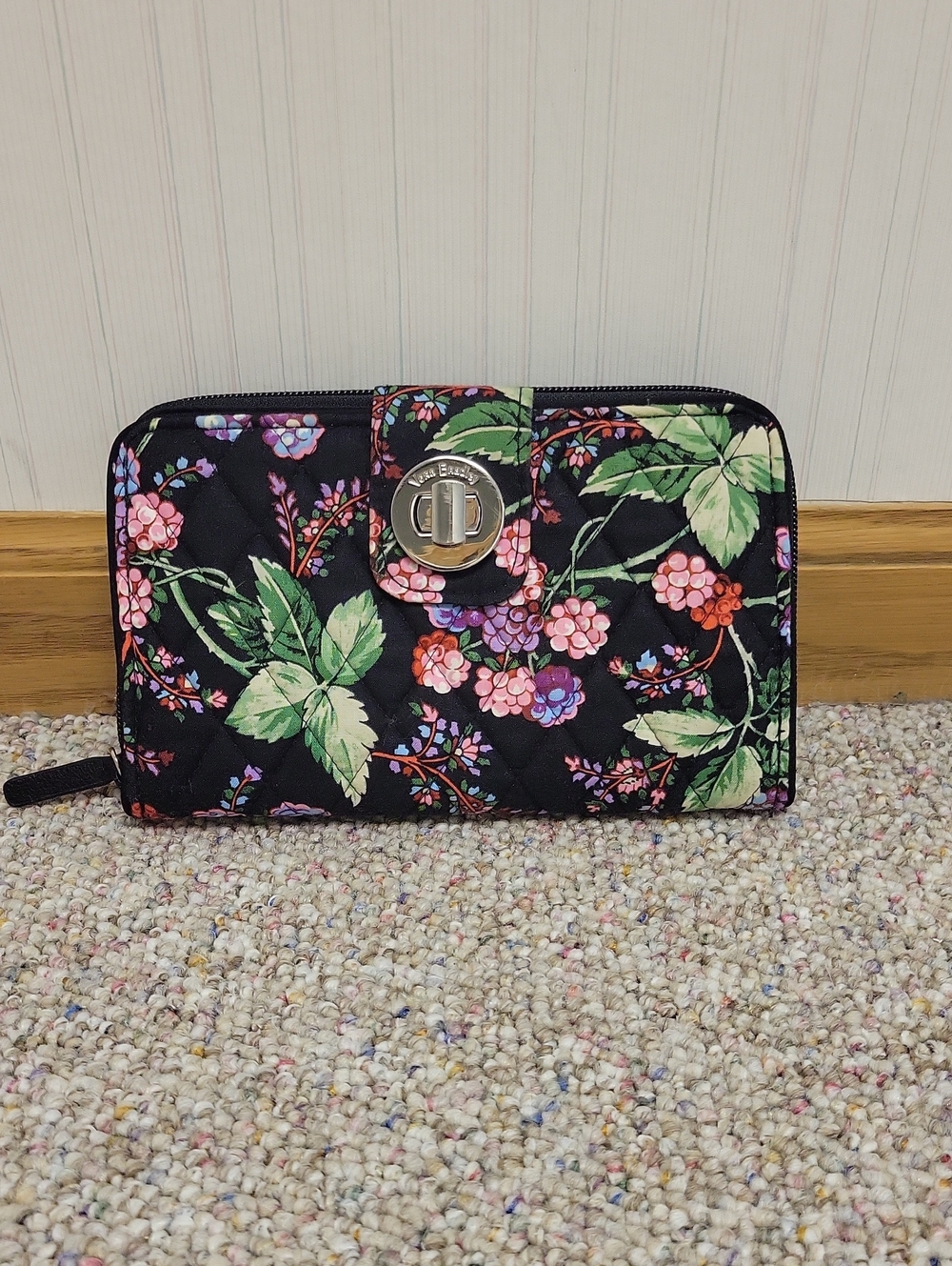 Vera Bradley Turn Lock Black Floral Quilted Zip Around Wallet RFID